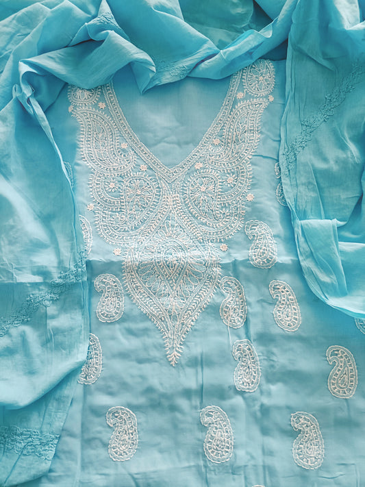 नीलोत्पलवृंदा - Handcrafted Chikankari Full Apparel Suit set - Unstitched Apparel | Tags: Chikankari Full Suit