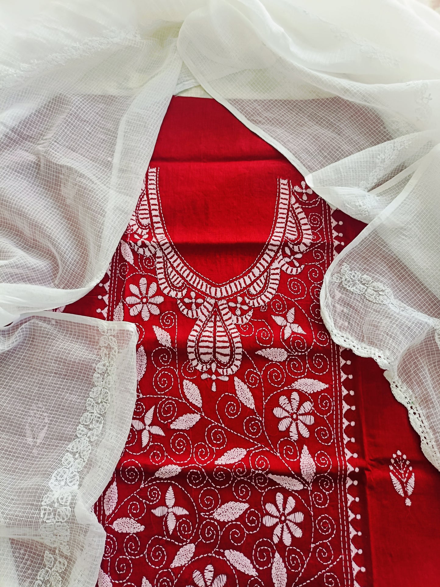विदिशा - Kantha Cotton Kurta with Chikankari Kota Dupatta