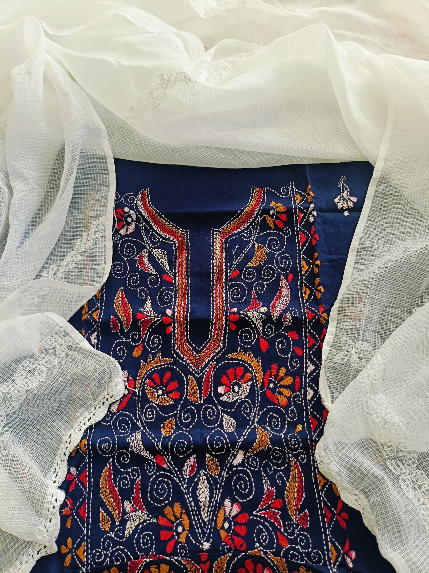 लावण्या - Kantha Cotton Kurta with Chikankari Kota Dupatta
