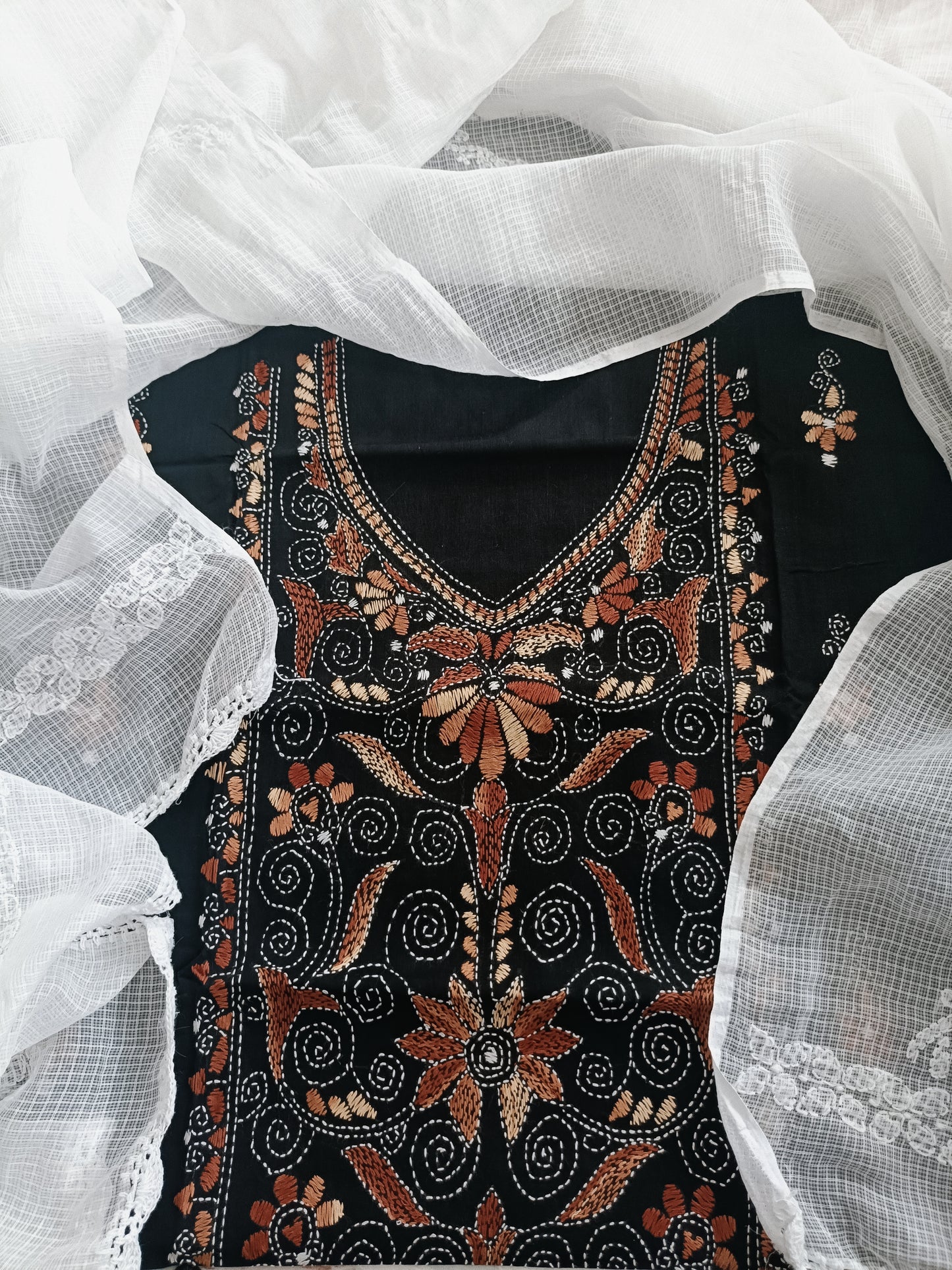 माधवी - Kantha Cotton Kurta with Chikankari Kota Dupatta