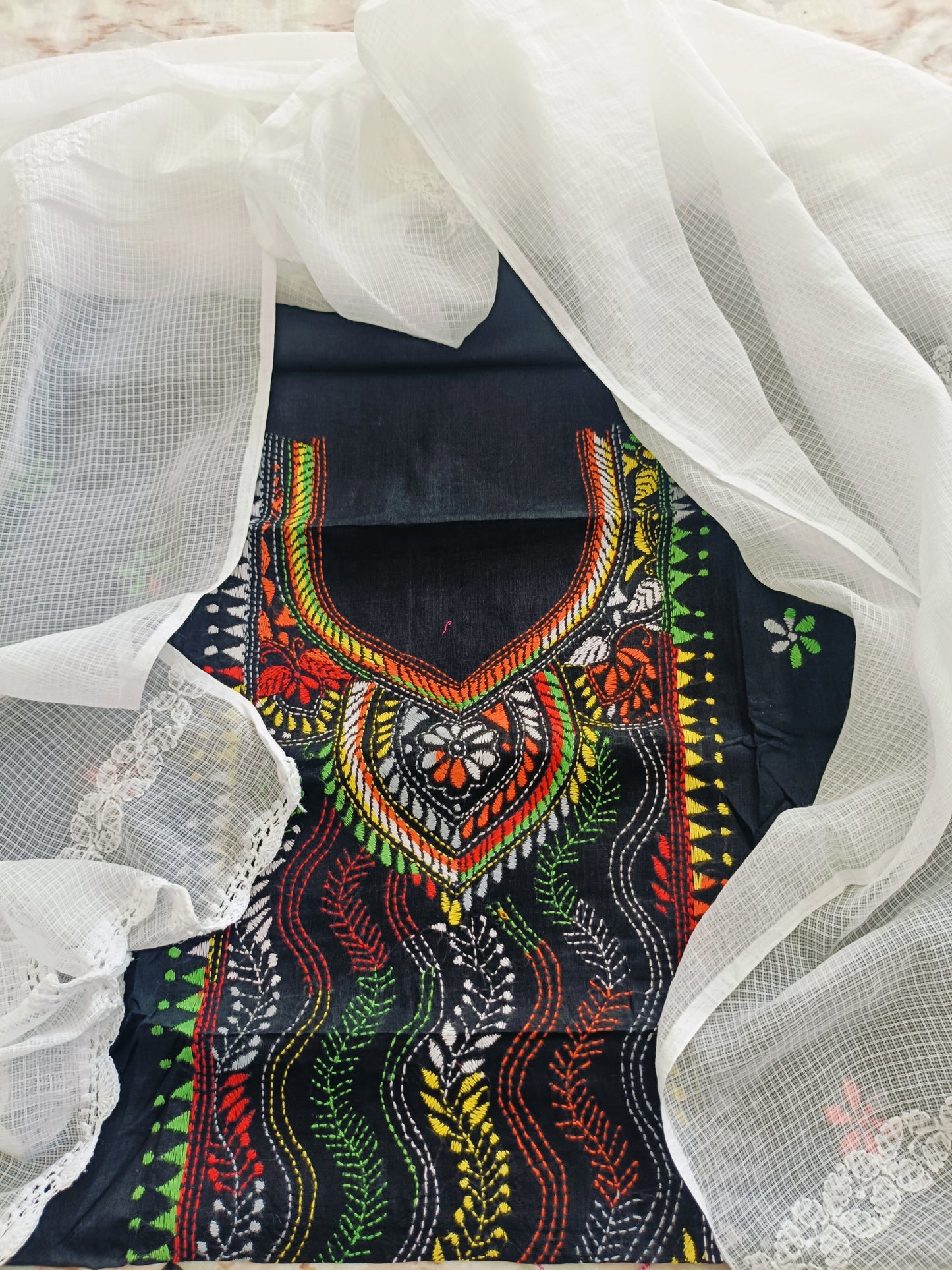 वसुधा - Kantha Cotton Kurta with Chikankari Kota Dupatta