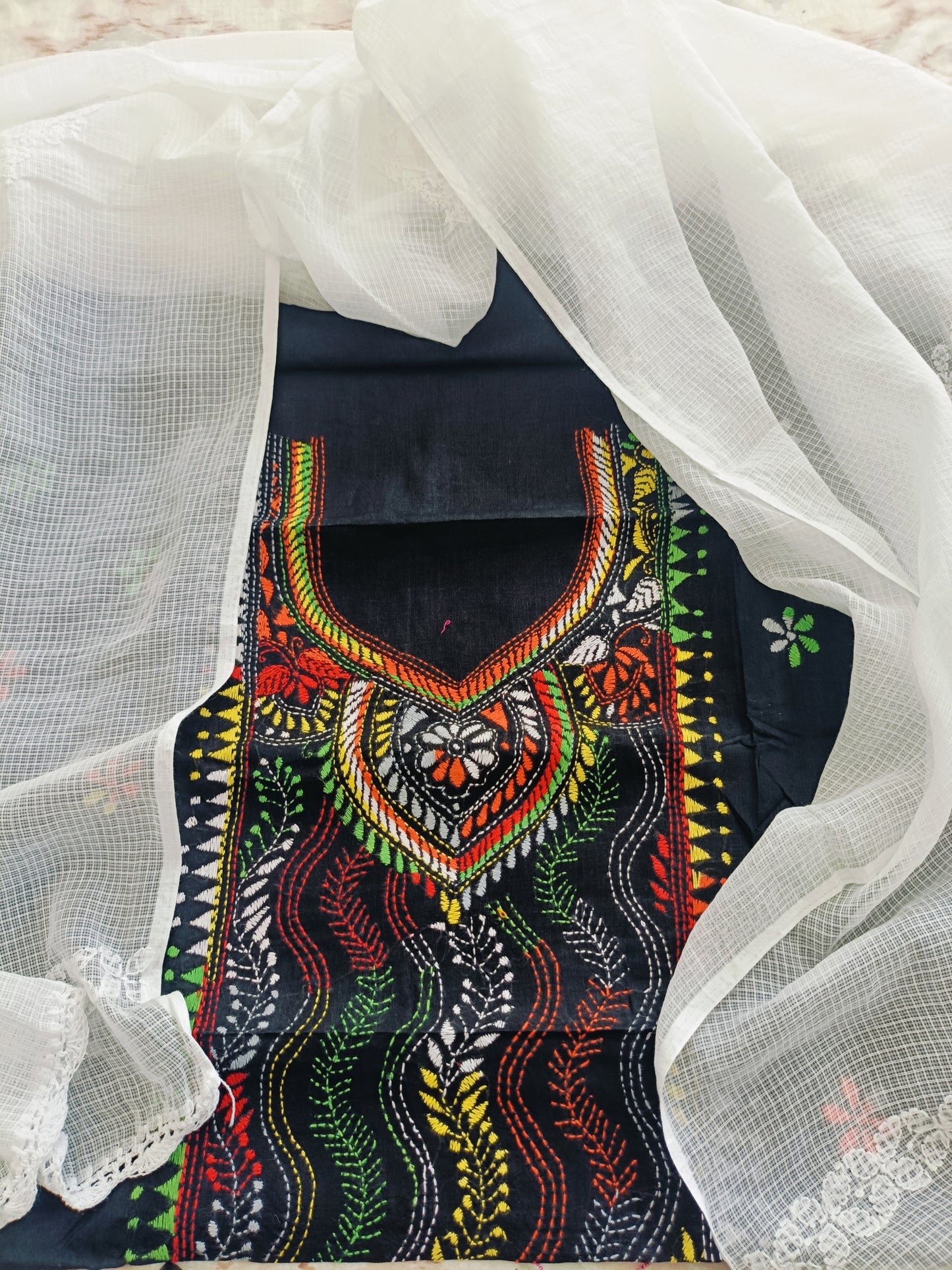 वसुधा - Kantha Cotton Kurta with Chikankari Kota Dupatta