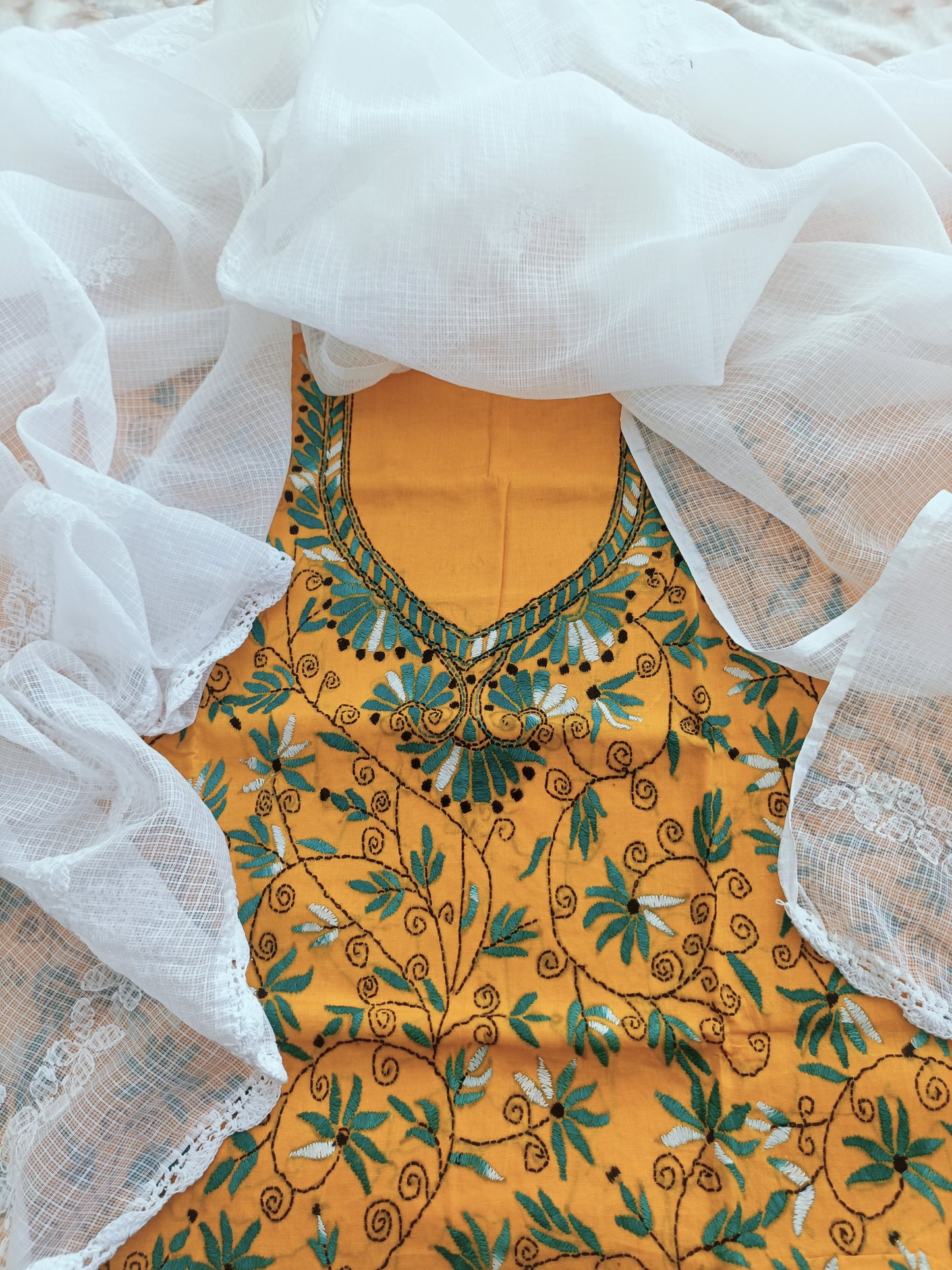 मंजरी - Kantha Cotton Kurta with Chikankari Kota Dupatta