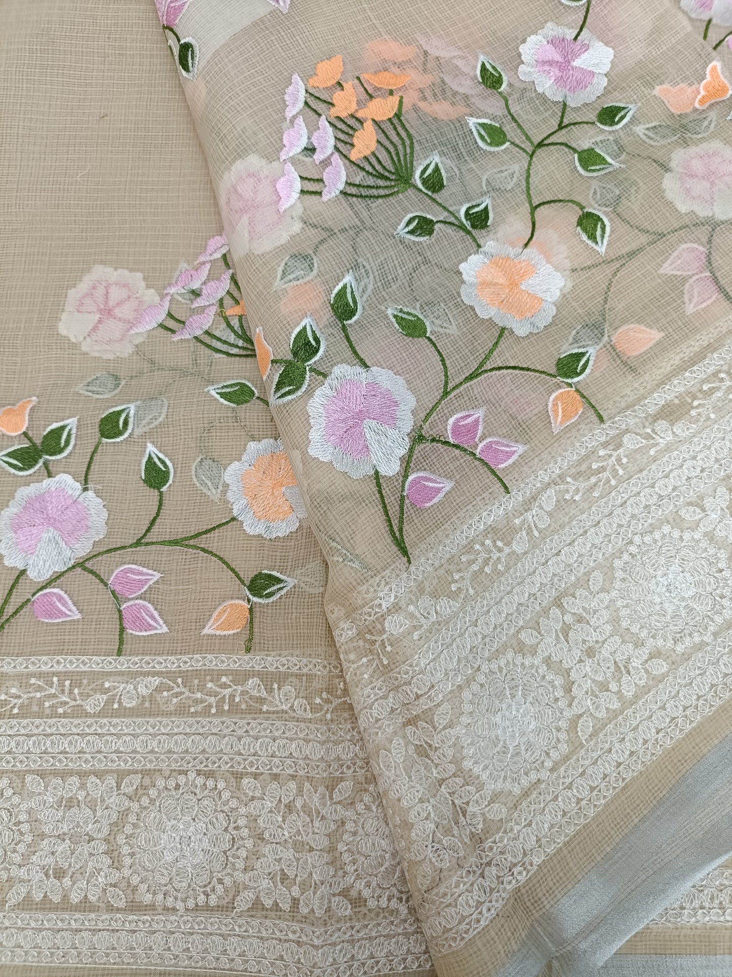 वसंती - Floral Garden Embroidery Kota Doria Saree