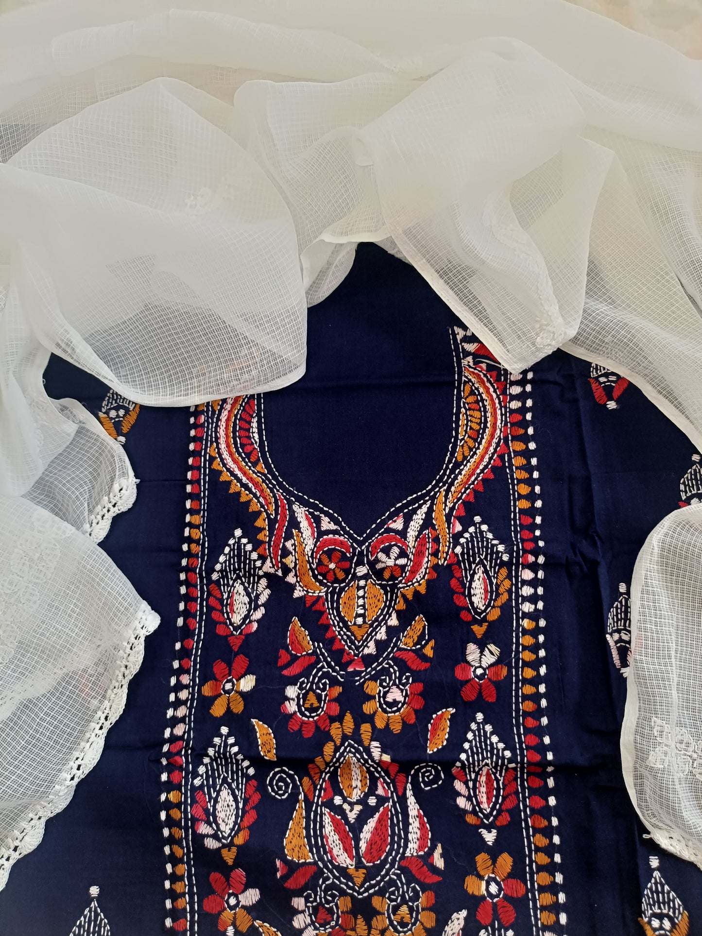 तन्वी - Kantha Cotton Kurta with Chikankari Kota Dupatta