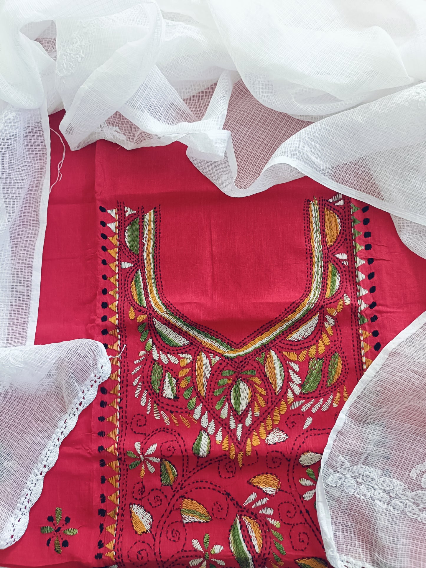 सुभ्रा - Kantha Cotton Kurta with Chikankari Kota Dupatta