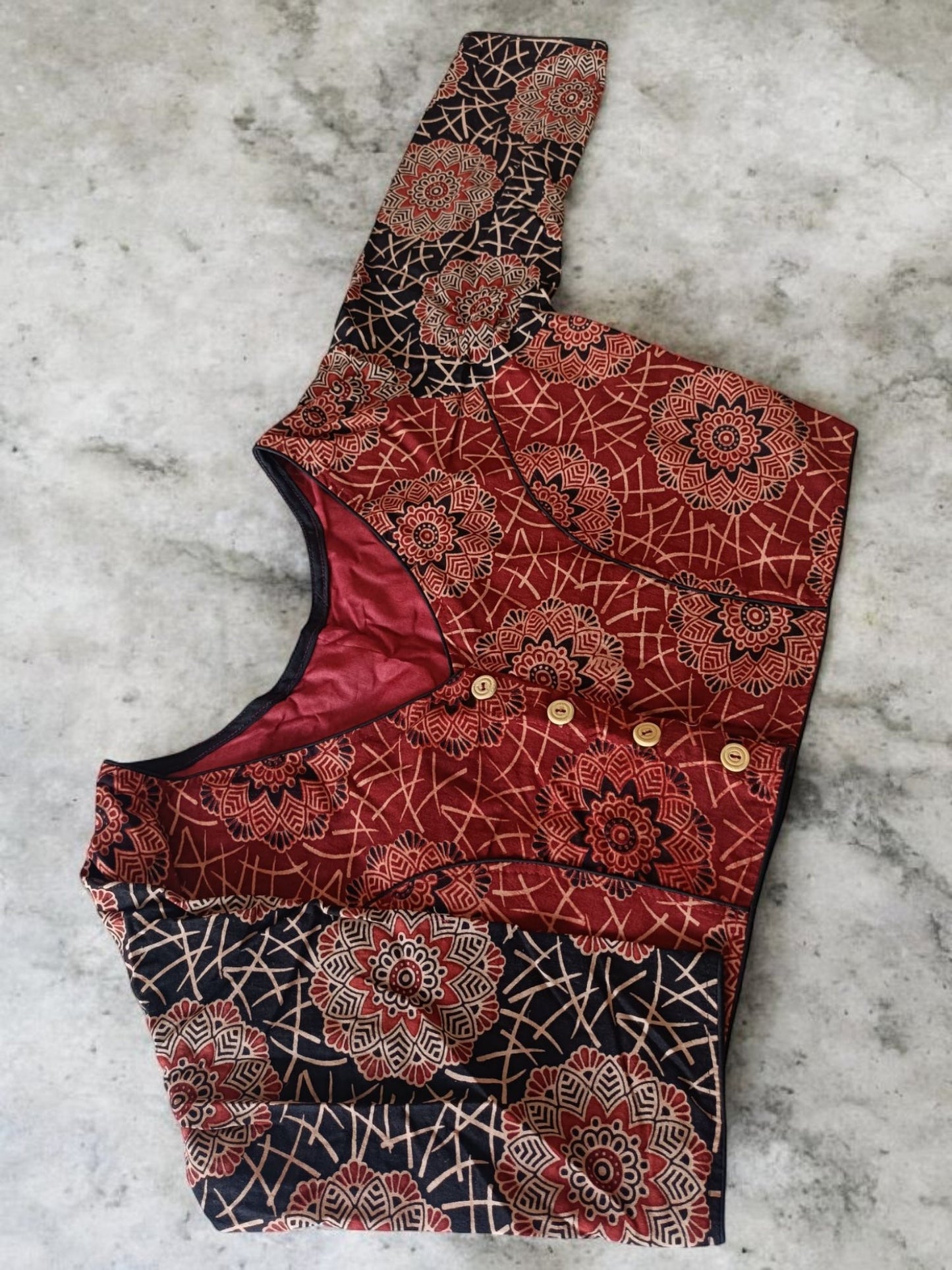 गौरांगी - Ajrakh Printed Stitched Blouse - Stitched Blouse | Tags: Ajrakh 3/4 Sleeves