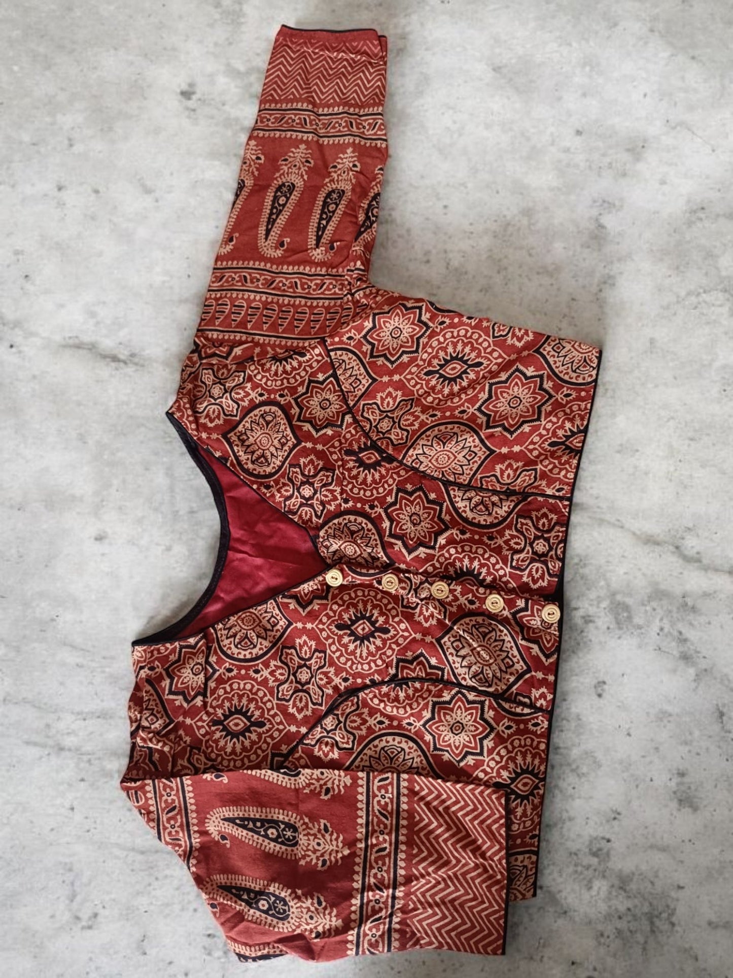 चंपकली - Ajrakh Printed Stitched Blouse - Stitched Blouse | Tags: Ajrakh 3/4 Sleeves