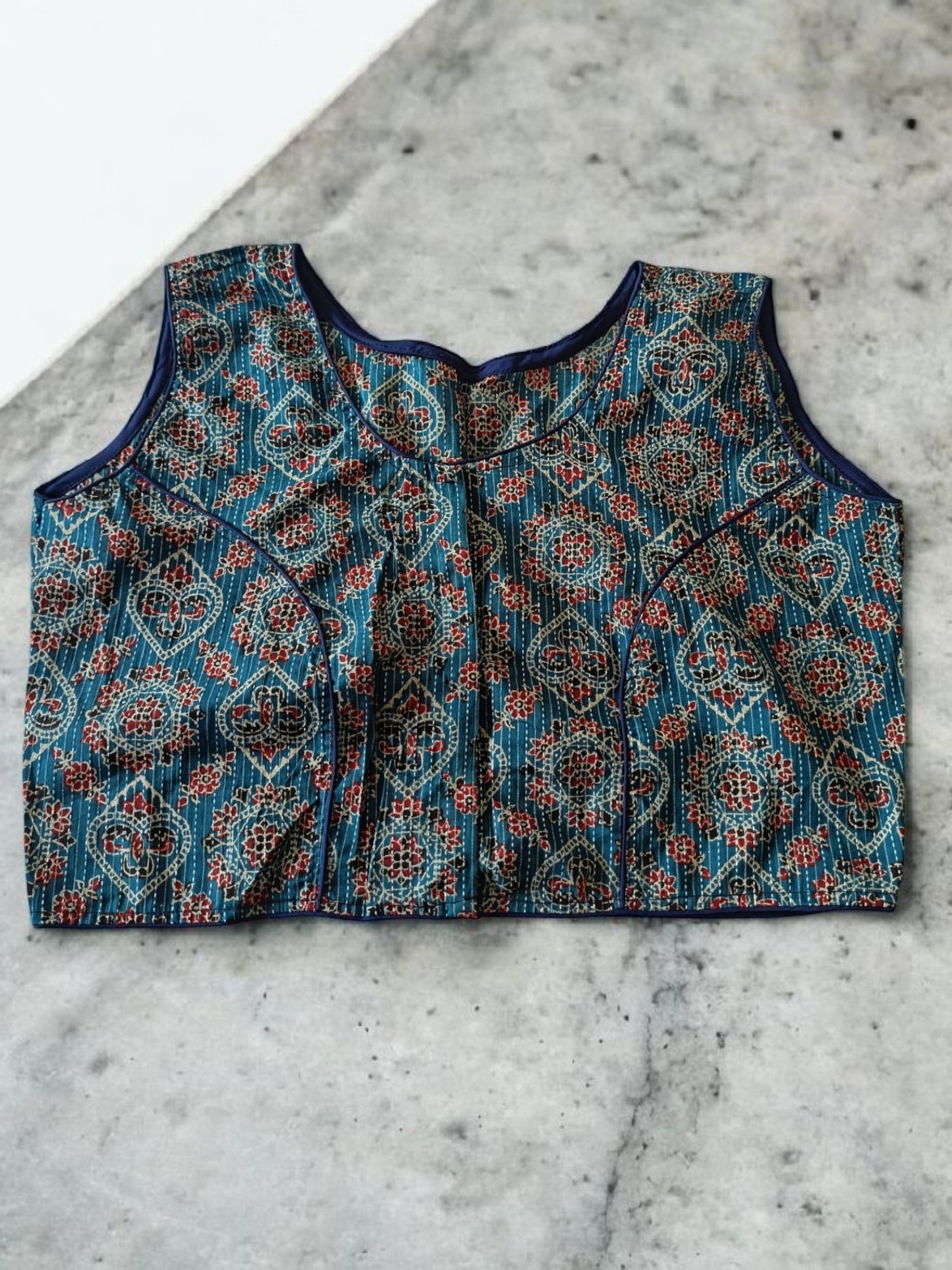 नूपुरिकाStitched Cotton Bagru Printed Sleeveless - Stitched Blouse | Tags: Bagru Cotton Sleeveless