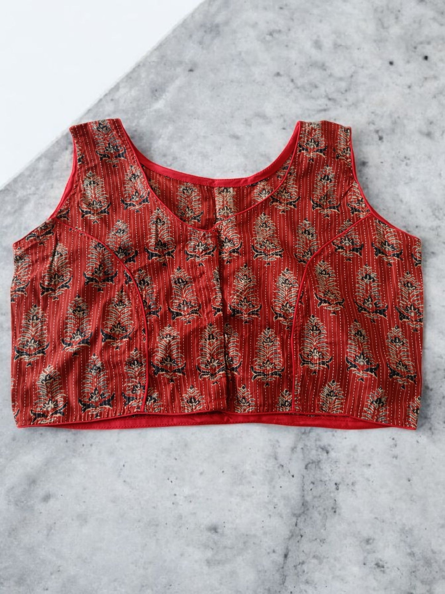 कुसुमिका - Stitched Cotton Bagru Printed Sleeveless - Stitched Blouse | Tags: Bagru Cotton Sleeveless