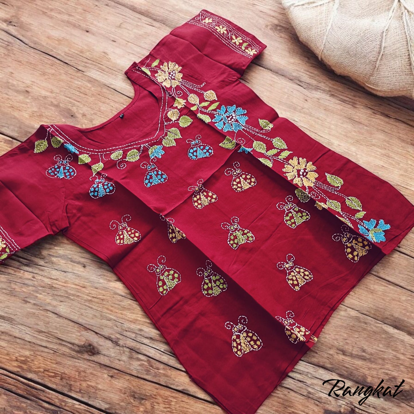 रक्त | 38" Size - Pure Cotton Kantha Stitch Women's Top - Women's Top | Tags: Deep Red