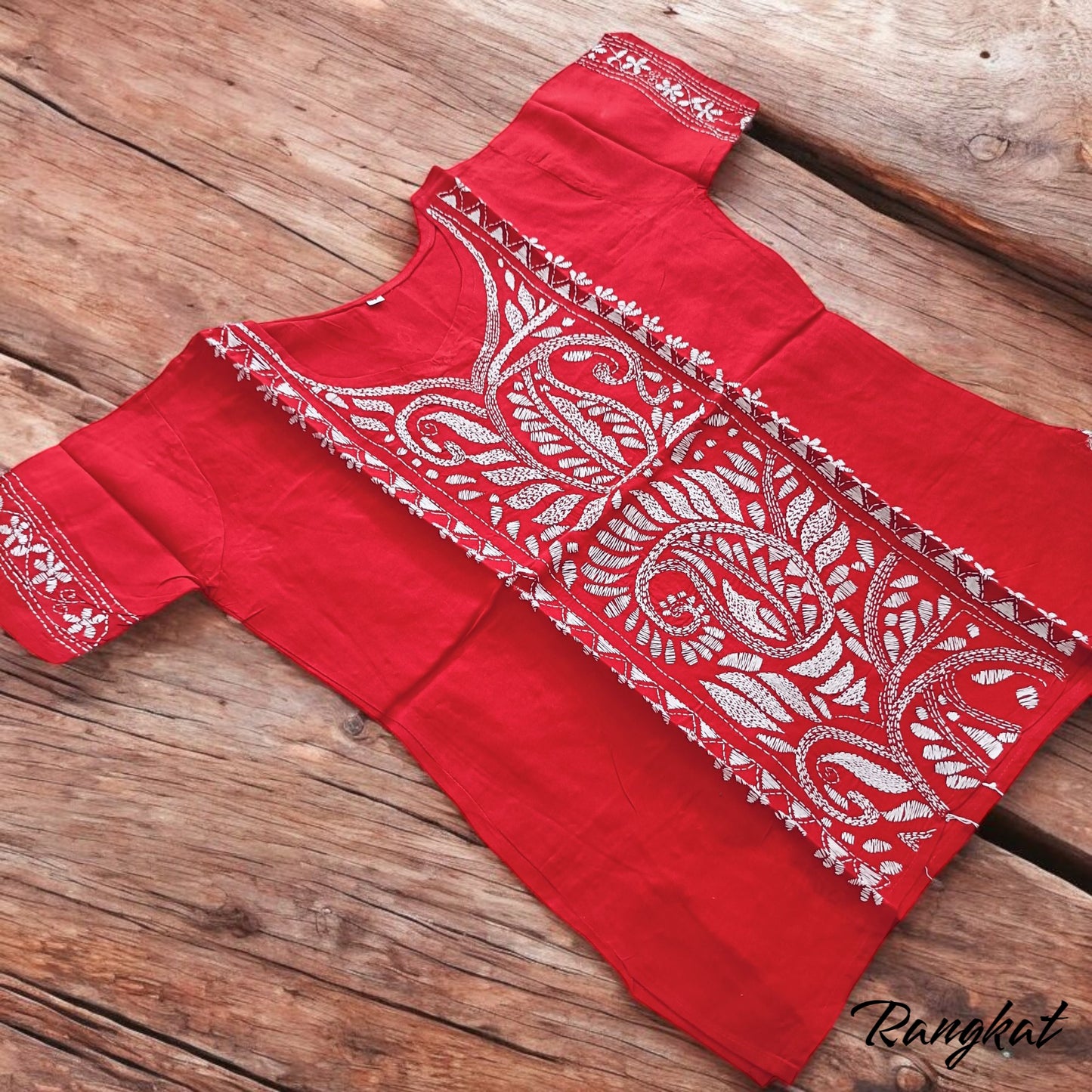 चूड़ी लाल | 40" Size - Pure Cotton Kantha Stitch Women's Top - Women's Top | Tags: Red