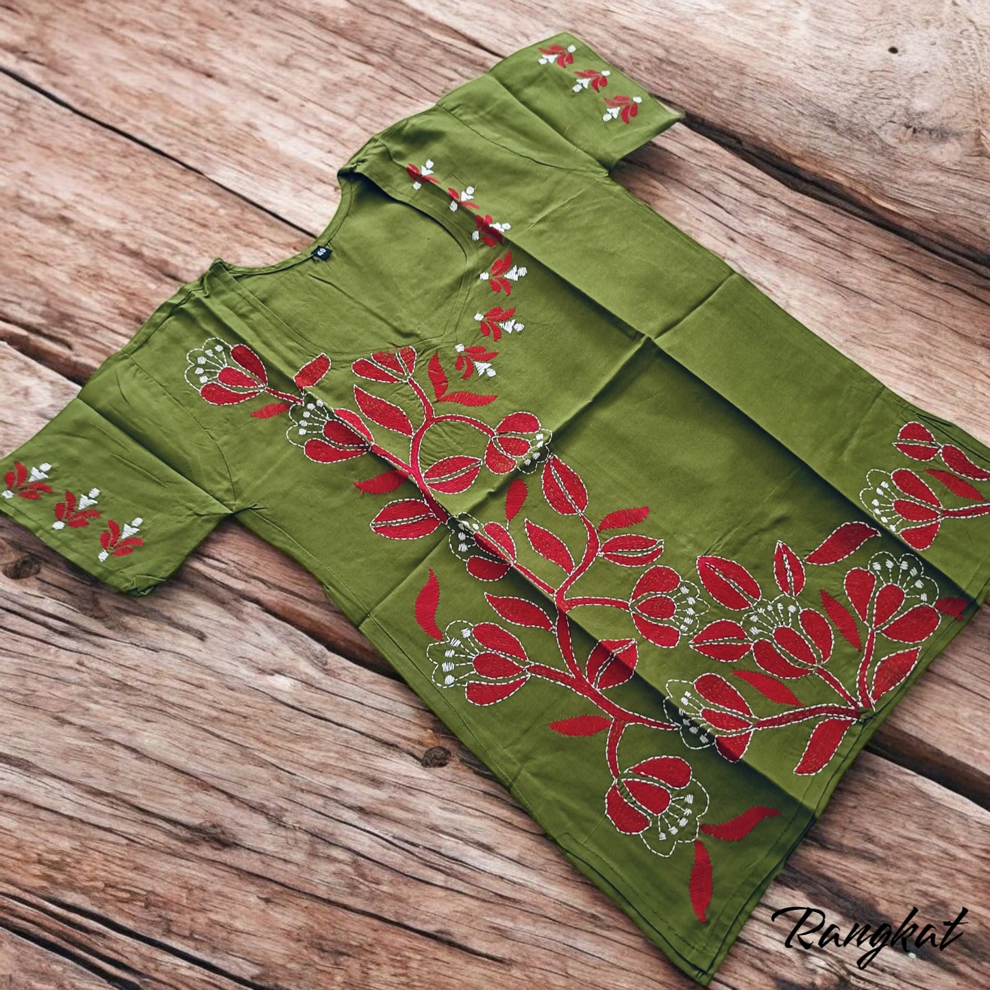 हरा गुलाल | 36" Size - Pure Cotton Kantha Stitch Women's Top - Women's Top | Tags: Mehendi Green