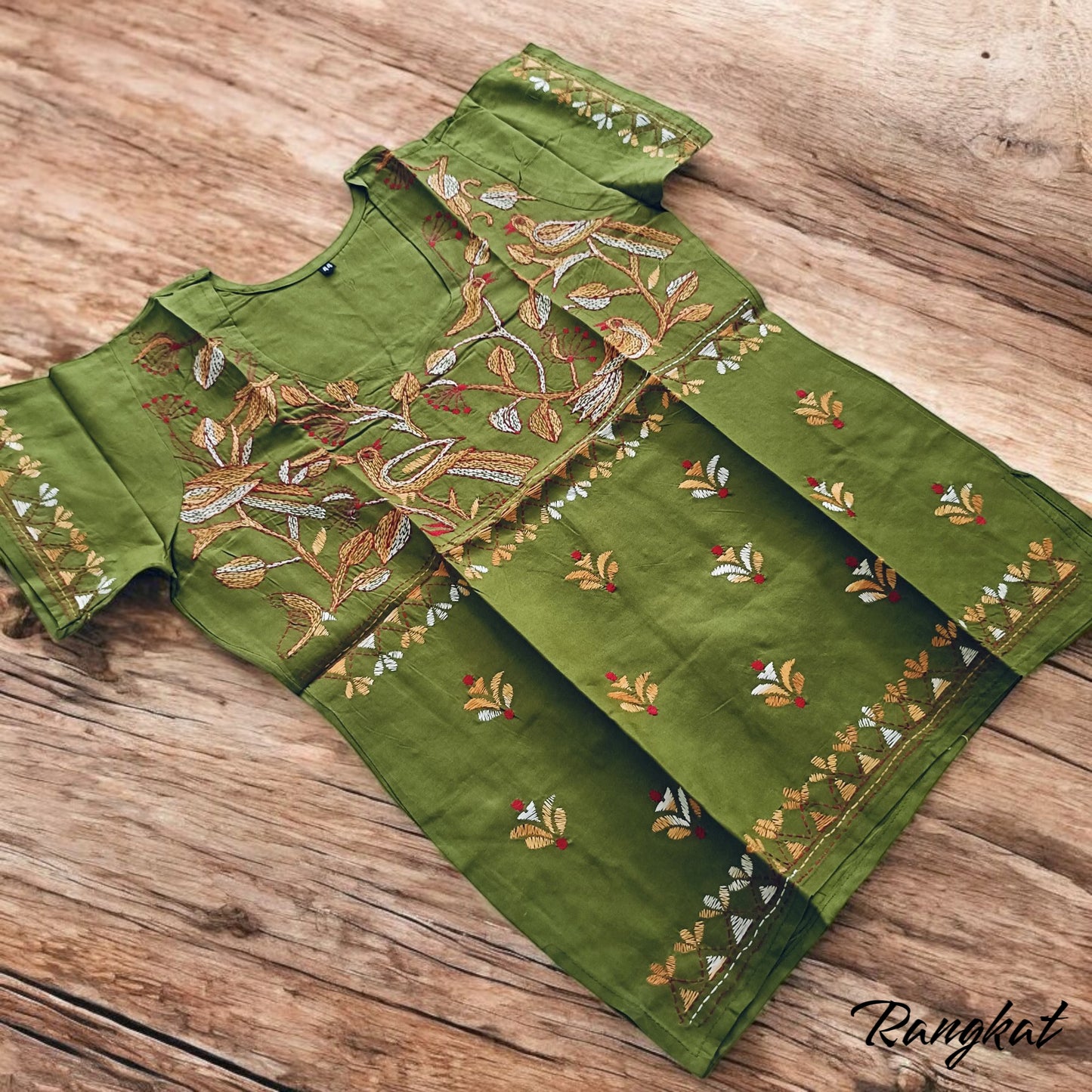 विरवा | 38" Size - Pure Cotton Kantha Stitch Women's Top - Women's Top | Tags: Mehendi Green