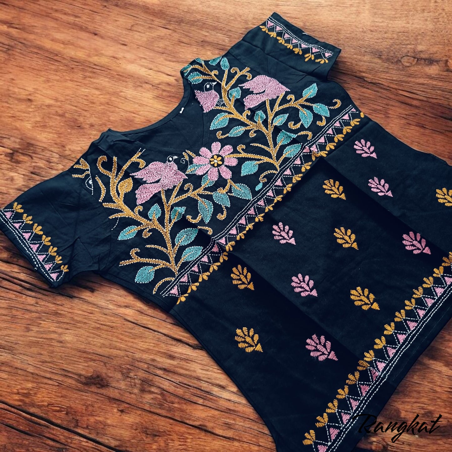 धूम | 44" Size - Pure Cotton Kantha Stitch Women's Top - Women's Top | Tags: Black
