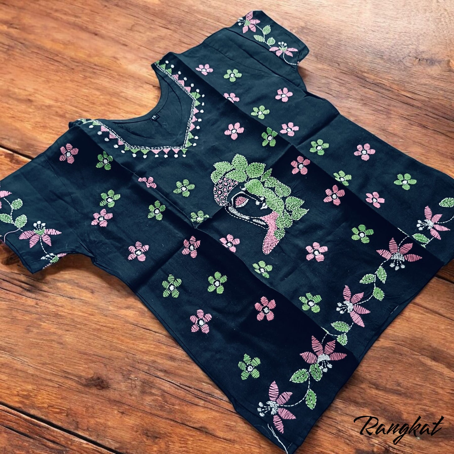 छाया | 42" Size - Pure Cotton Kantha Stitch Women's Top - Women's Top | Tags: Black