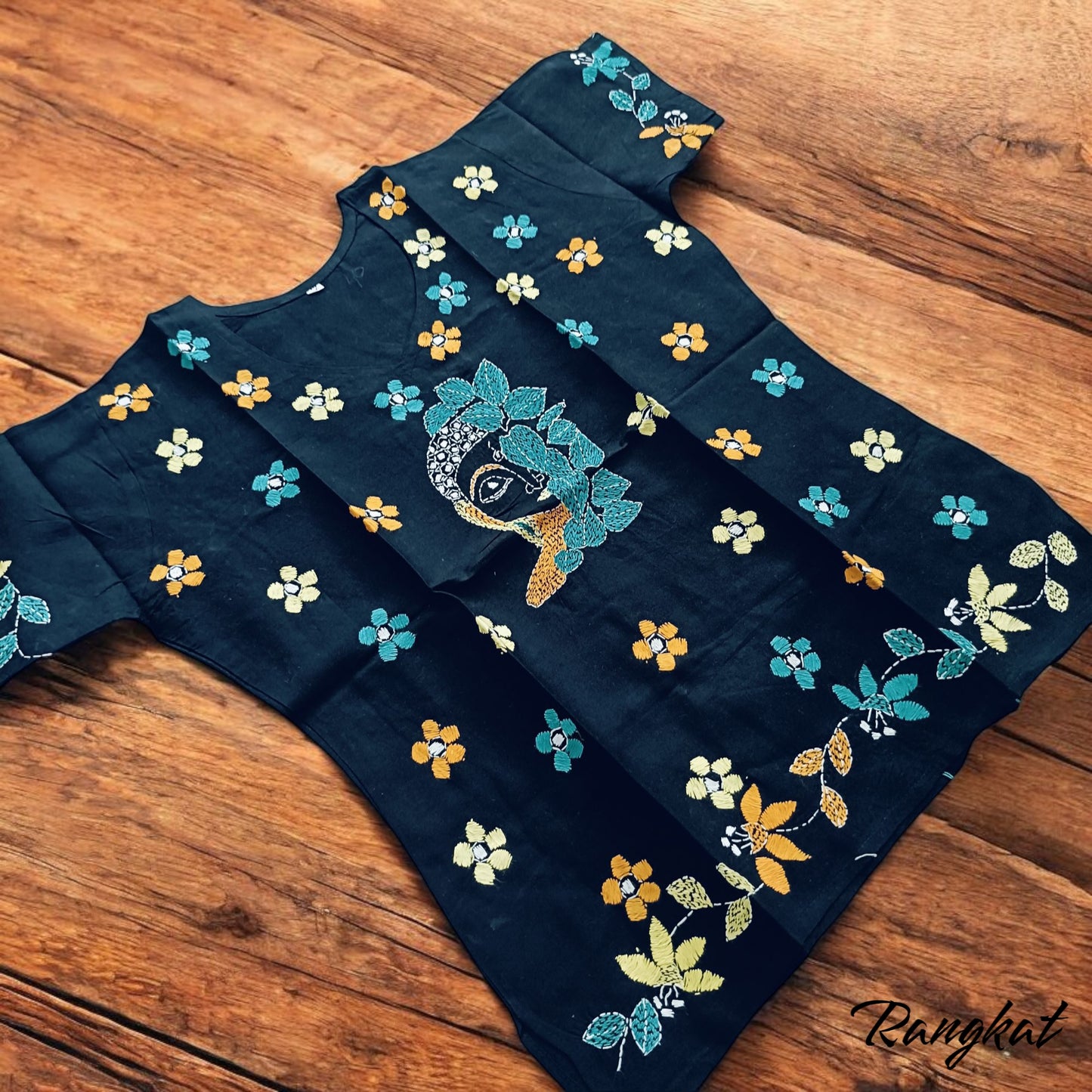 तिमिर | 40" Size - Pure Cotton Kantha Stitch Women's Top - Women's Top | Tags: Black