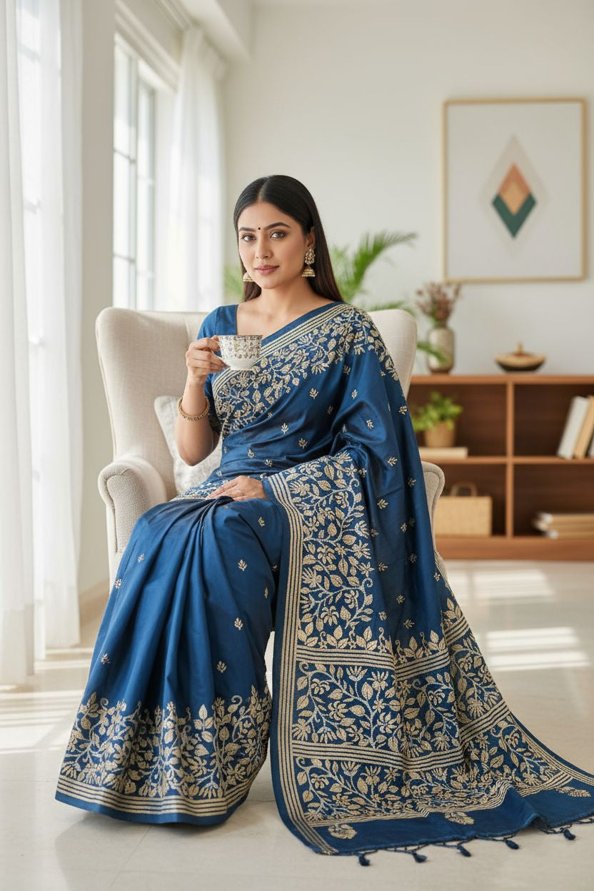 Woman in a blue saree sitting in a bright room holding a cup.