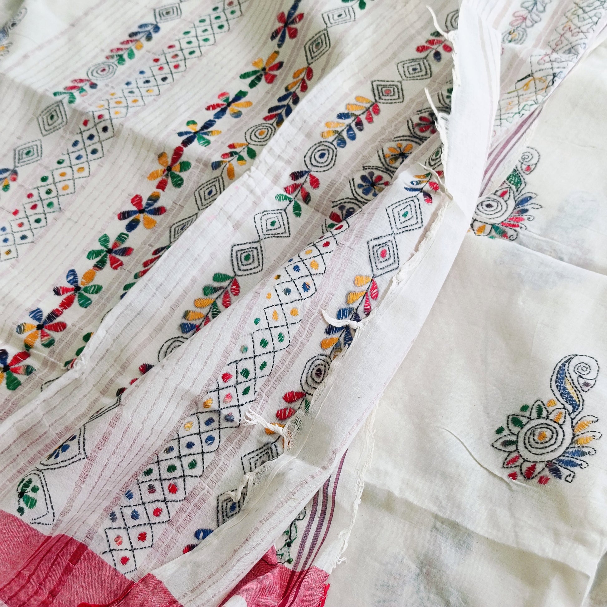 à¤•à¤¾à¤µà¥à¤¯à¤¾ - Pure Khadi Cotton Kantha Stitch Saree - Saree | Tags: Khadi Cotton Kantha