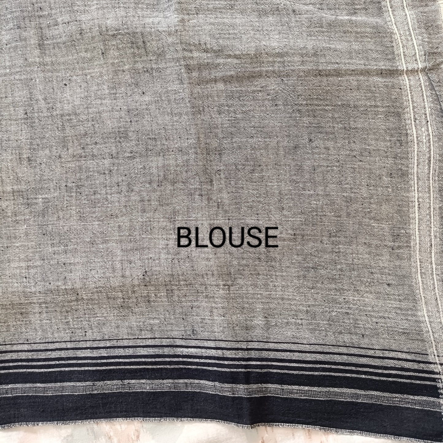 Text 'BLOUSE' on a fabric background with black and white stripes.