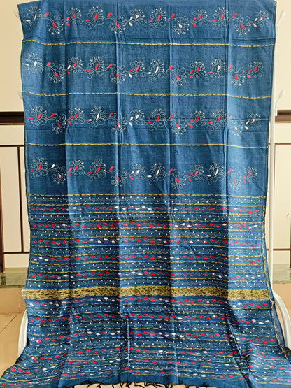 नीलांजना - Handmade Kantha Stitch Khesh Cotton Saree