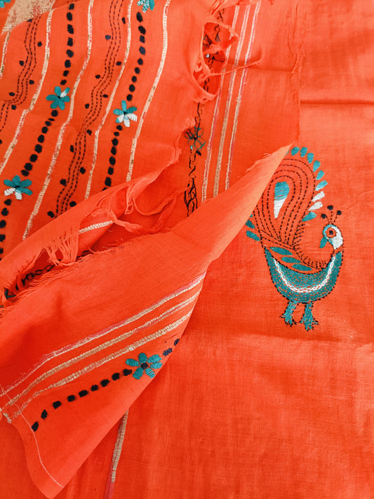 अर्वा - Handmade Kantha Stitch Khesh Cotton Saree
