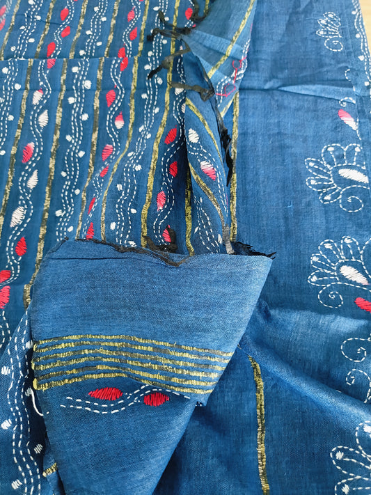 नीलांजना - Handmade Kantha Stitch Khesh Cotton Saree