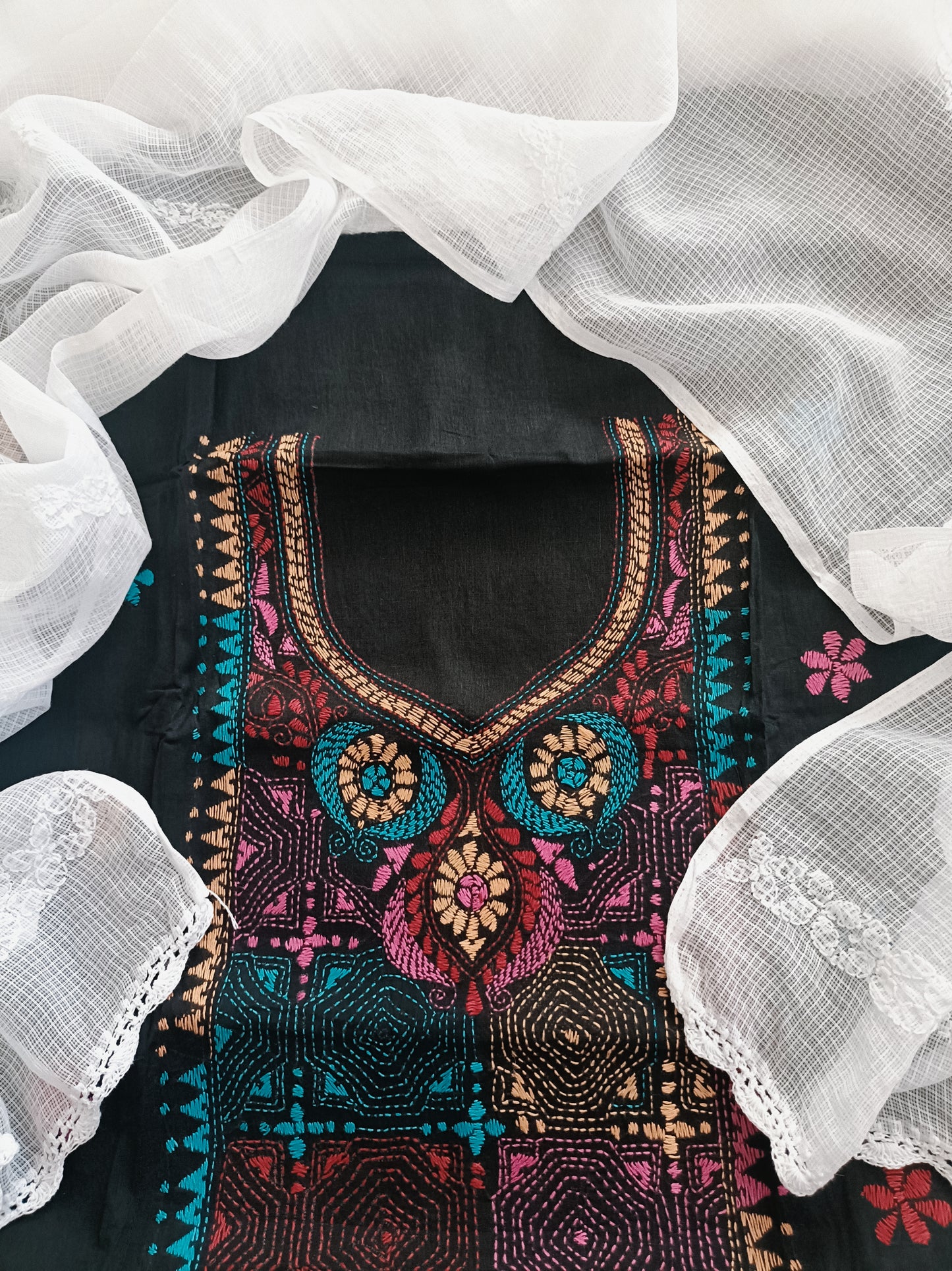आर्या - Kantha Cotton Kurta with Chikankari Kota Dupatta