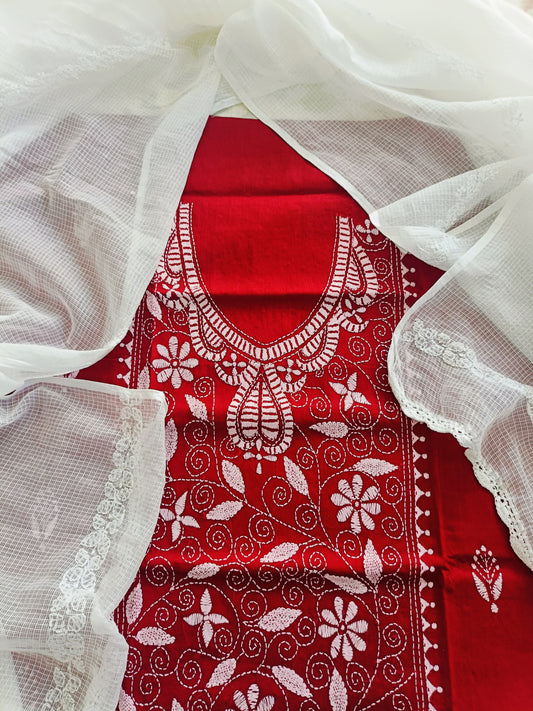 विदिशा - Kantha Cotton Kurta with Chikankari Kota Dupatta