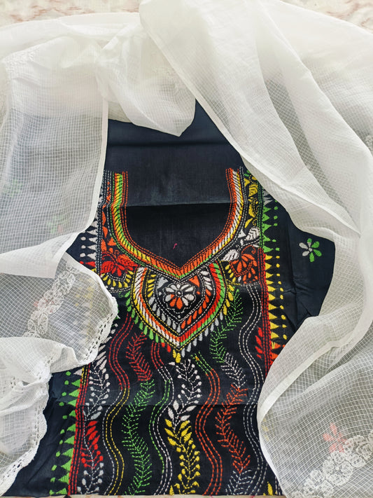 वसुधा - Kantha Cotton Kurta with Chikankari Kota Dupatta