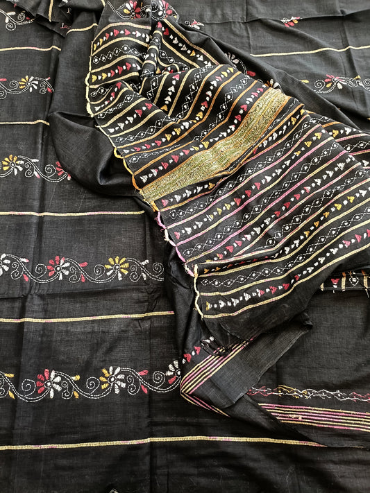 Black saree with intricate gold and multicolor embroidery