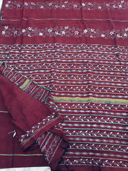 अंगारिका - Handmade Kantha Stitch Khesh Cotton Saree