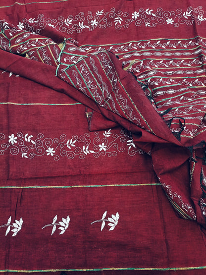 अंगारिका - Handmade Kantha Stitch Khesh Cotton Saree