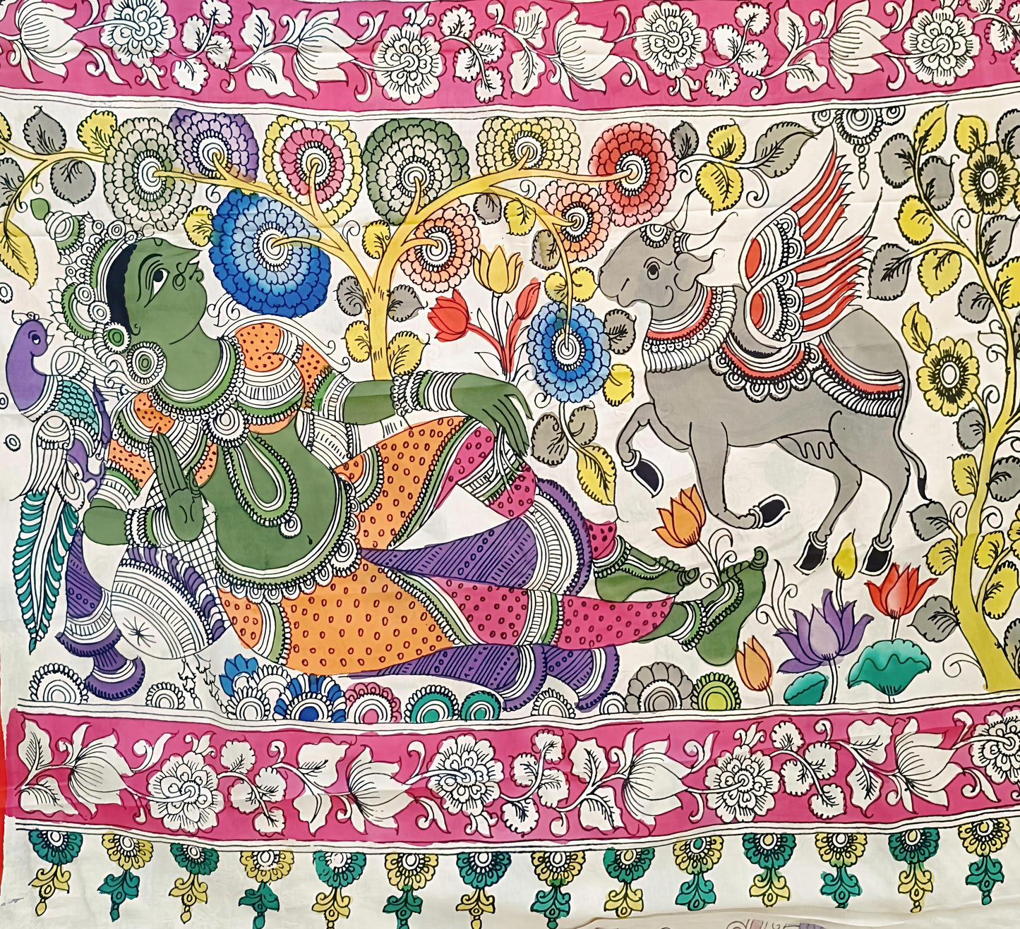 Colorful artwork with a person and donkey in a decorative setting