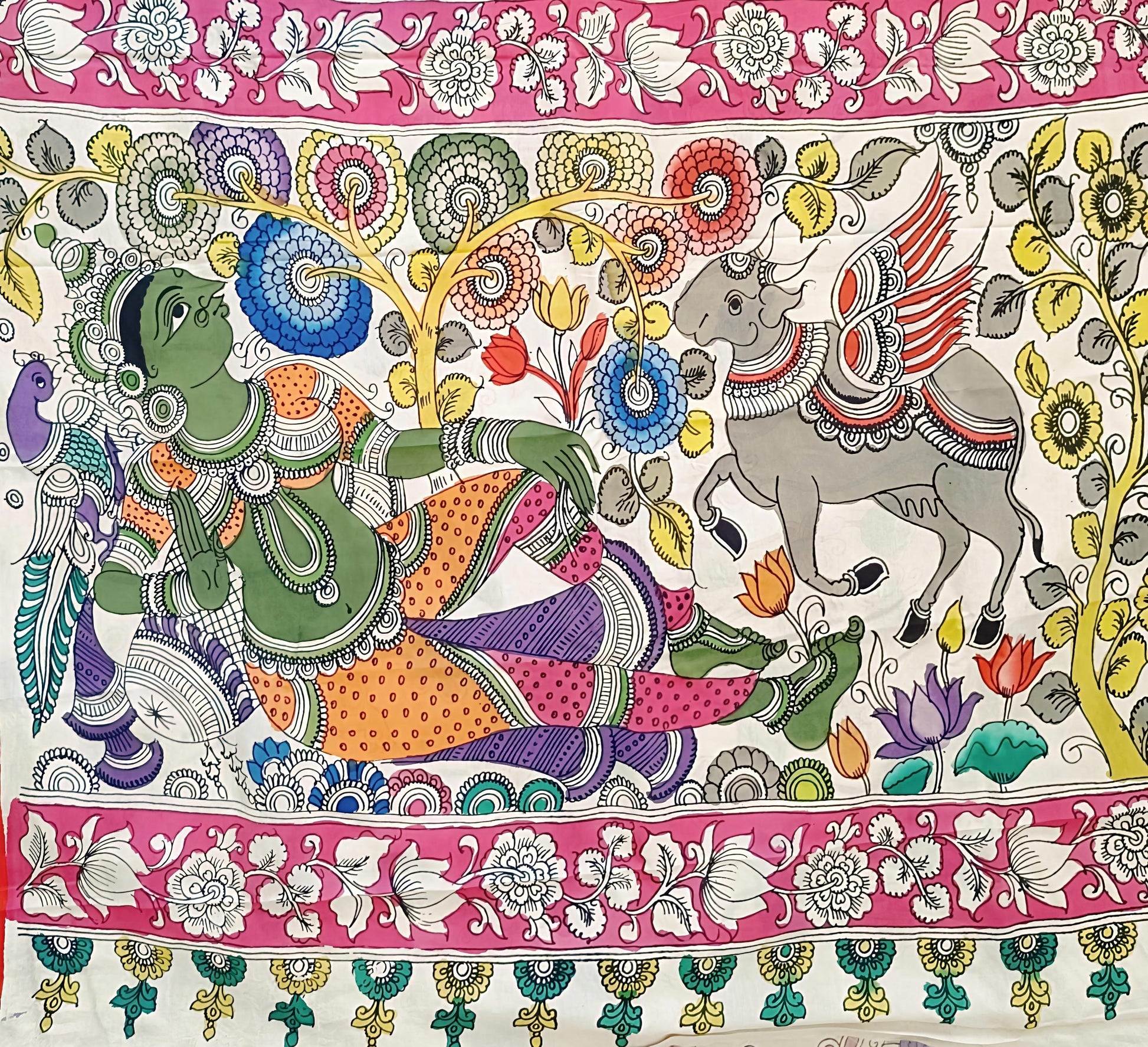 Colorful artwork with a person and donkey in a decorative setting