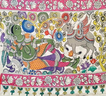 Colorful artwork with a person and donkey in a decorative setting