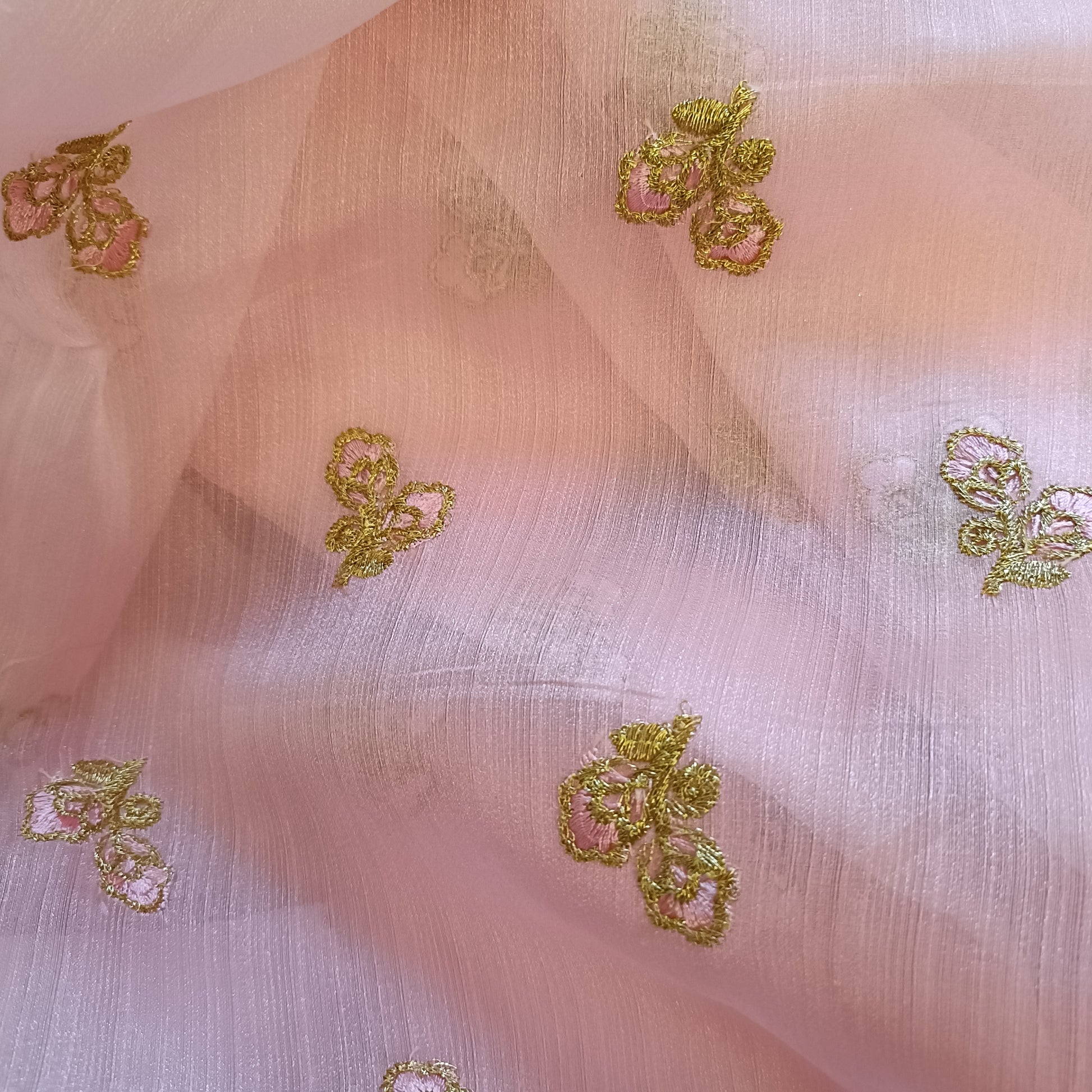 संध्या की गुलाबी छटा  - Organza Silk Embroidered Fabric - Fabric | Tags: Silk