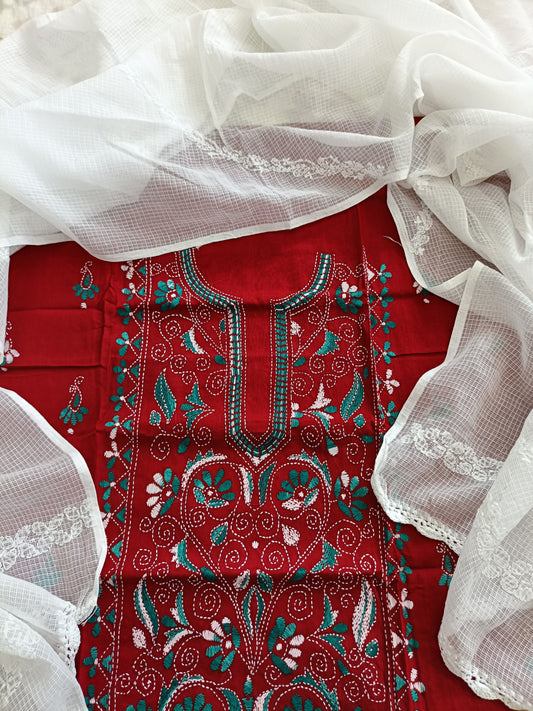 नंदिता - Kantha Cotton Kurta with Chikankari Kota Dupatta