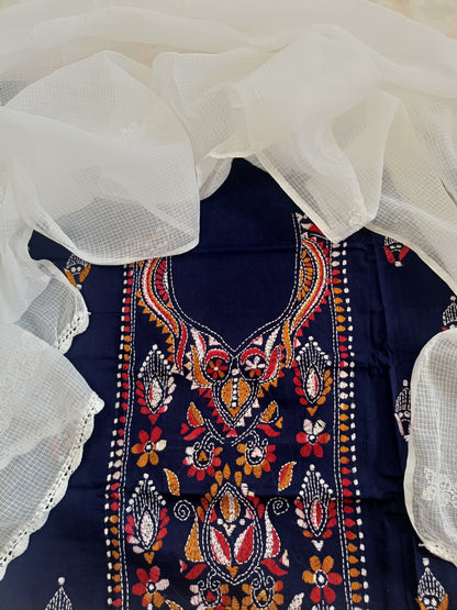तन्वी - Kantha Cotton Kurta with Chikankari Kota Dupatta