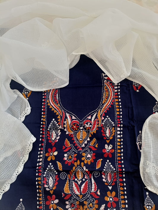 तन्वी - Kantha Cotton Kurta with Chikankari Kota Dupatta