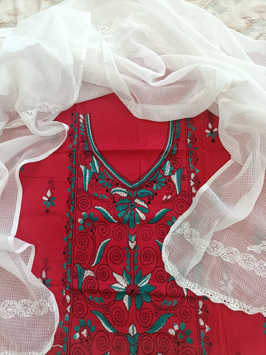 ईशानी - Kantha Cotton Kurta with Chikankari Kota Dupatta