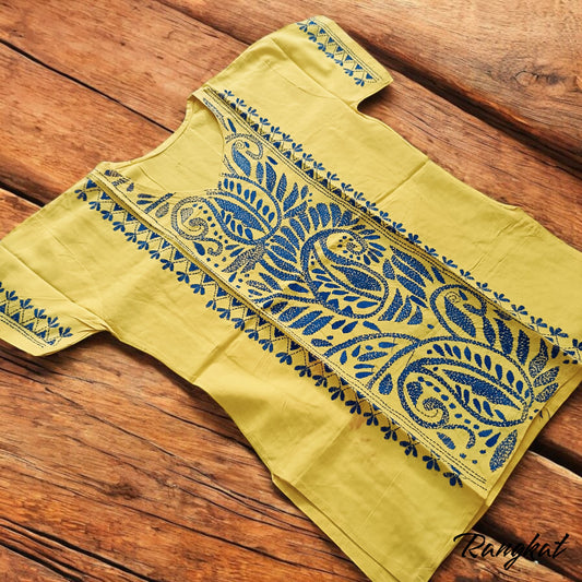 बसंती | 38" Size - Pure Cotton Kantha Stitch Women's Top - Women's Top | Tags: Yellow