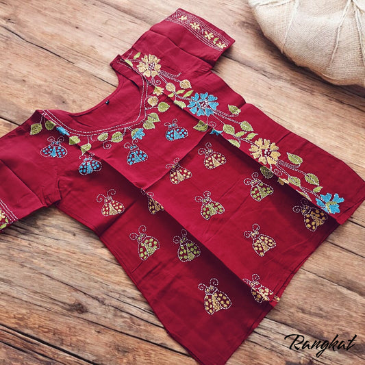 रक्त | 38" Size - Pure Cotton Kantha Stitch Women's Top - Women's Top | Tags: Deep Red
