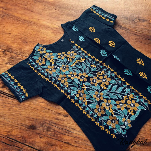 कृष्ण | 44" Size - Pure Cotton Kantha Stitch Women's Top - Women's Top | Tags: Black