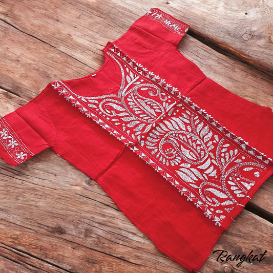 चूड़ी लाल | 40" Size - Pure Cotton Kantha Stitch Women's Top - Women's Top | Tags: Red