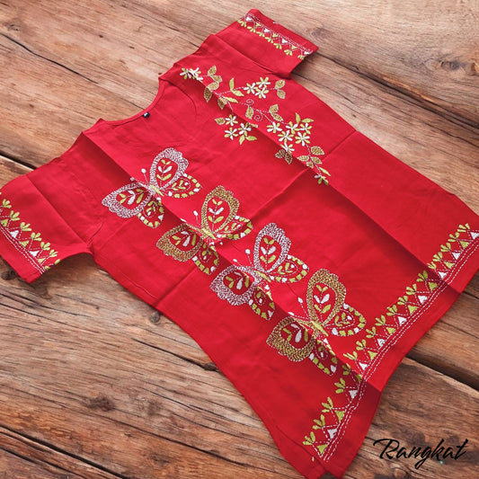 कुमकुम | 38" Size - Pure Cotton Kantha Stitch Women's Top - Women's Top | Tags: Red