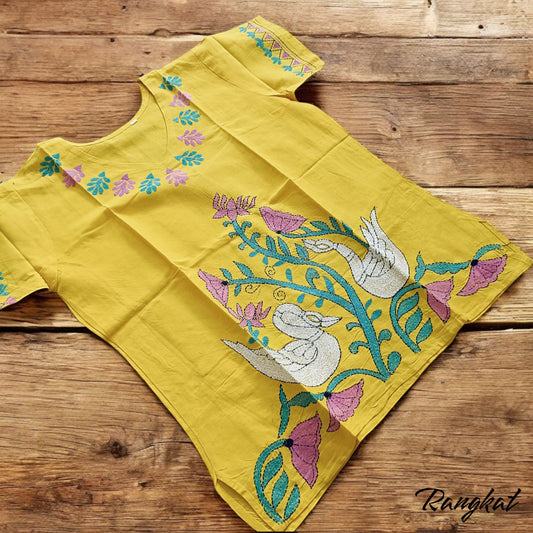 कनक | 38" Size - Pure Cotton Kantha Stitch Women's Top - Women's Top | Tags: Yellow