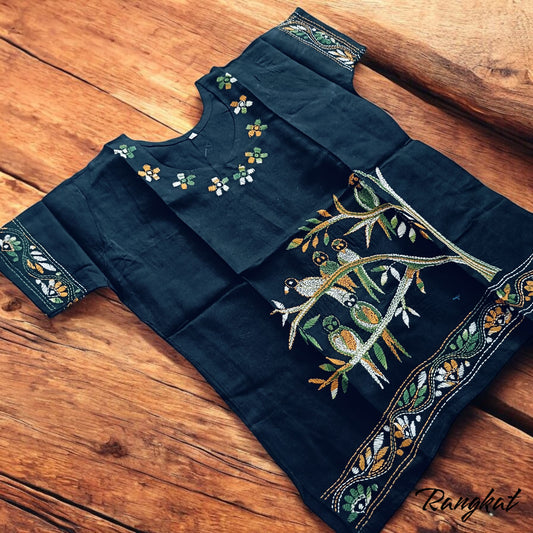 अंधकार | 42" Size - Pure Cotton Kantha Stitch Women's Top - Women's Top | Tags: Black
