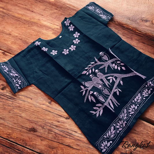 निशा | 42" Size - Pure Cotton Kantha Stitch Women's Top - Women's Top | Tags: Black