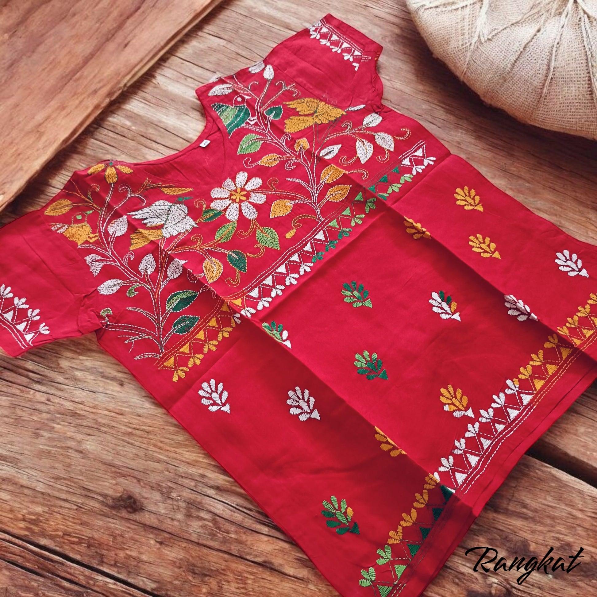गुलाल | 42" Size - Pure Cotton Kantha Stitch Women's Top - Women's Top | Tags: Red